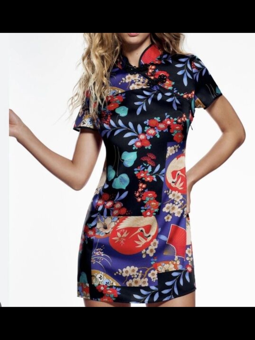 Zara Black Floral-Print Mini Dress with Red & Blue Accents